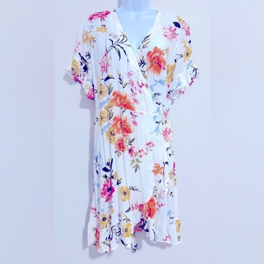 LOFT Pink Orange Floral Midi Sundress Flutter Sleeve Wrap Dress 12P